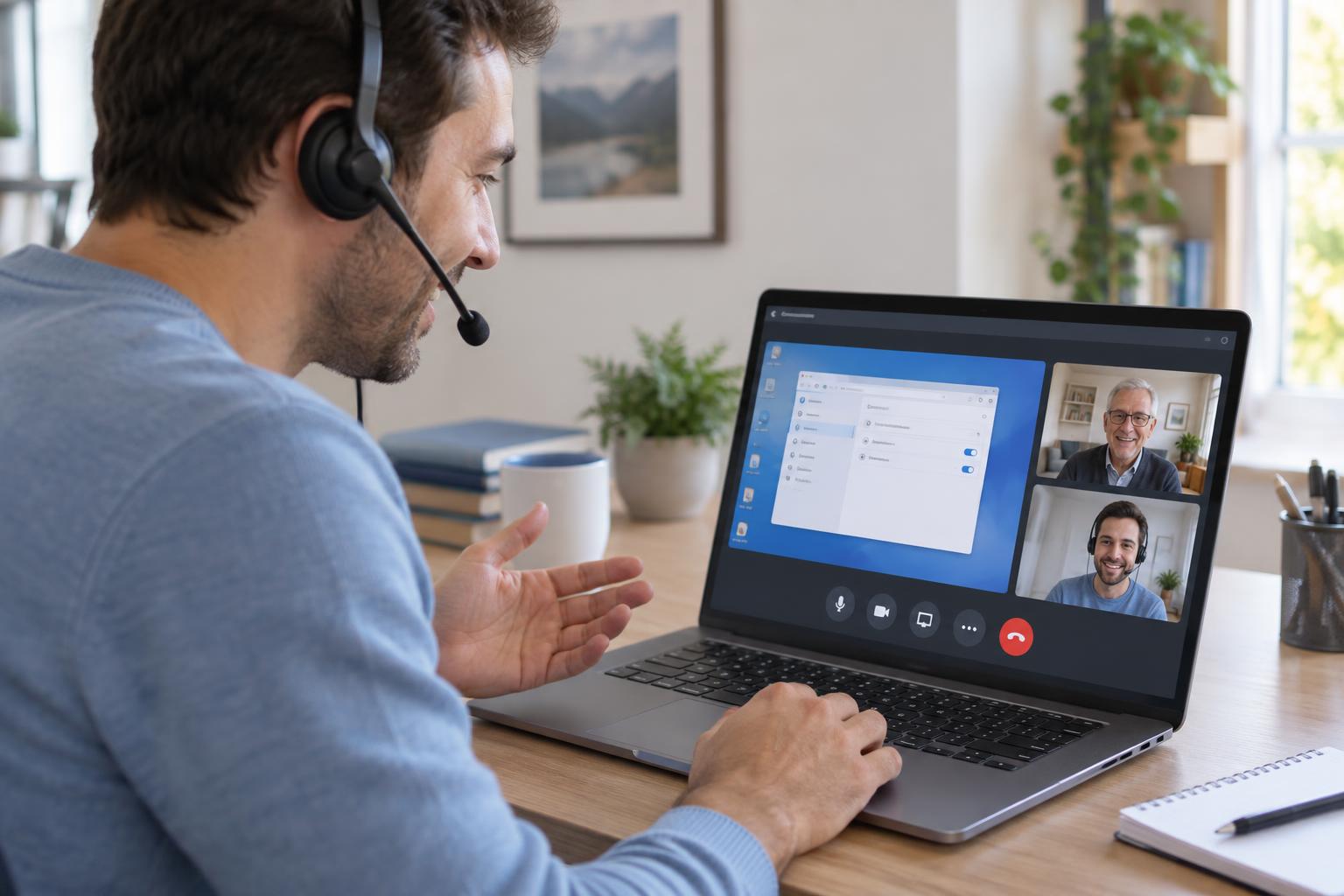 A male IT professional wearing a headset helps an older man with his computer over a video call, sharing his screen